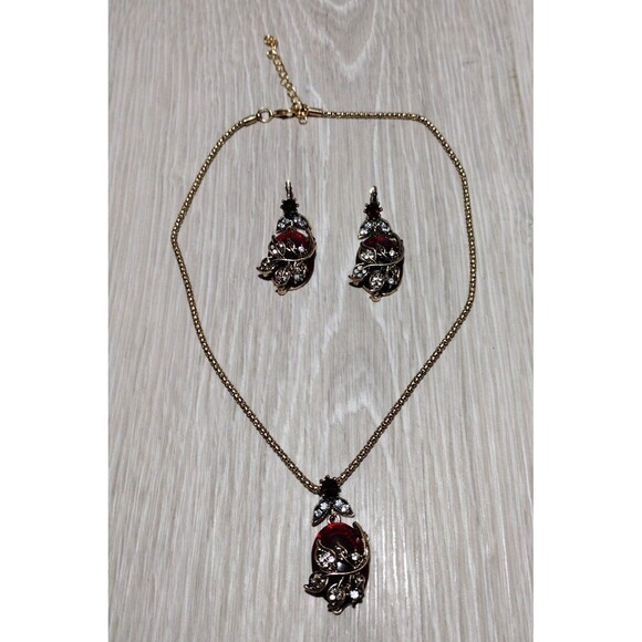 Jewelry - Necklace & Earrings Set - Dark Ruby Like Red & Diamond like Accents